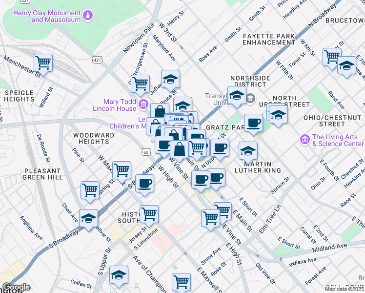 map of restaurants, bars, coffee shops, grocery stores, and more near 109 North Mill Street in Lexington