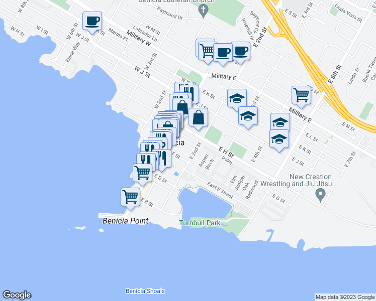 map of restaurants, bars, coffee shops, grocery stores, and more near 172 East G Street in Benicia