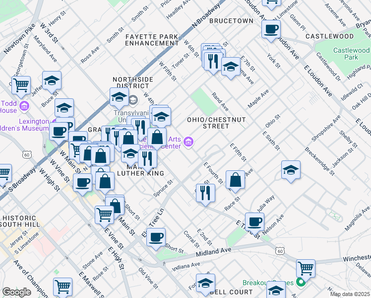 map of restaurants, bars, coffee shops, grocery stores, and more near 364 N Martin Luther King Blvd in Lexington