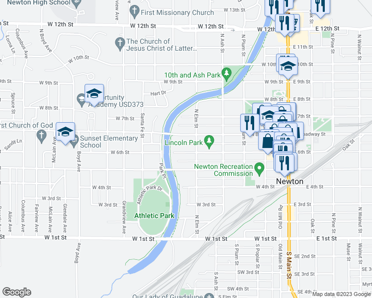 map of restaurants, bars, coffee shops, grocery stores, and more near 514 West 6th Street in Newton