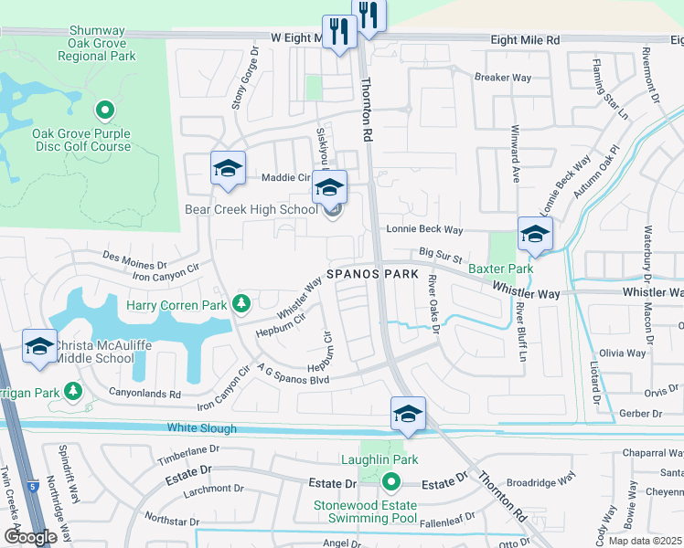 map of restaurants, bars, coffee shops, grocery stores, and more near 3193 English Oak Circle in Stockton