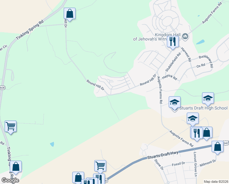 map of restaurants, bars, coffee shops, grocery stores, and more near 356 Round Hill Drive in Stuarts Draft