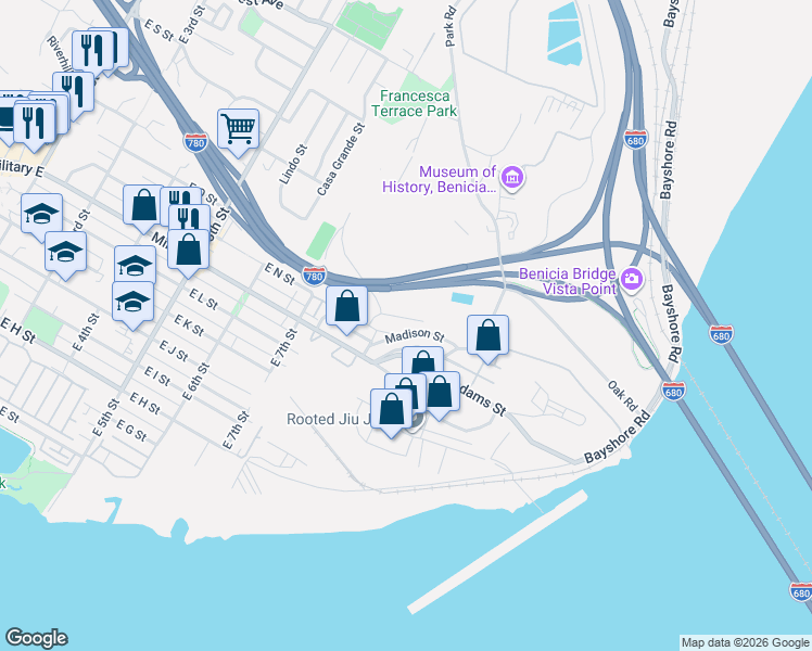 map of restaurants, bars, coffee shops, grocery stores, and more near 735 Buchanan Street in Benicia
