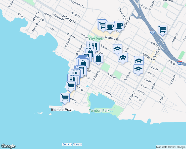 map of restaurants, bars, coffee shops, grocery stores, and more near 182 East G Street in Benicia