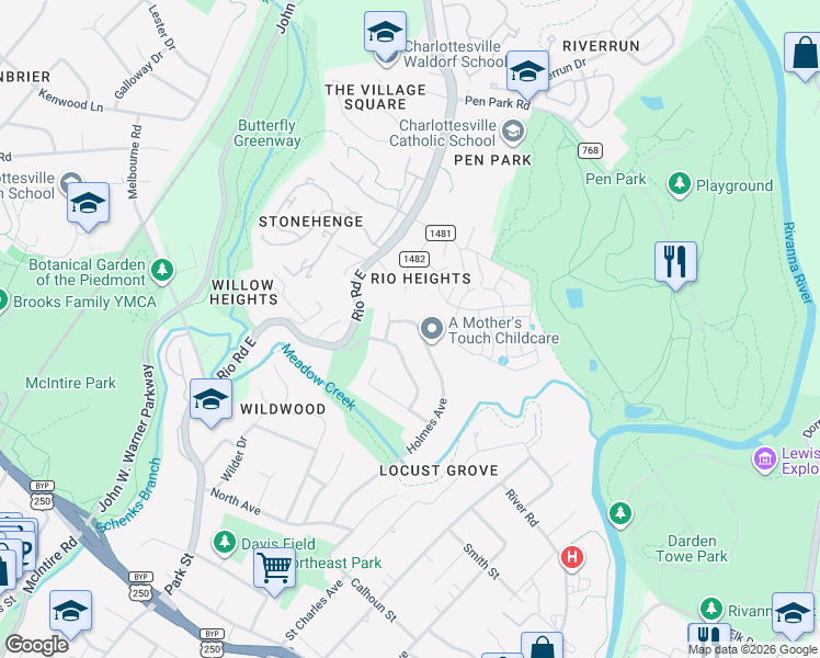 map of restaurants, bars, coffee shops, grocery stores, and more near 1237 Holmes Ave in Charlottesville