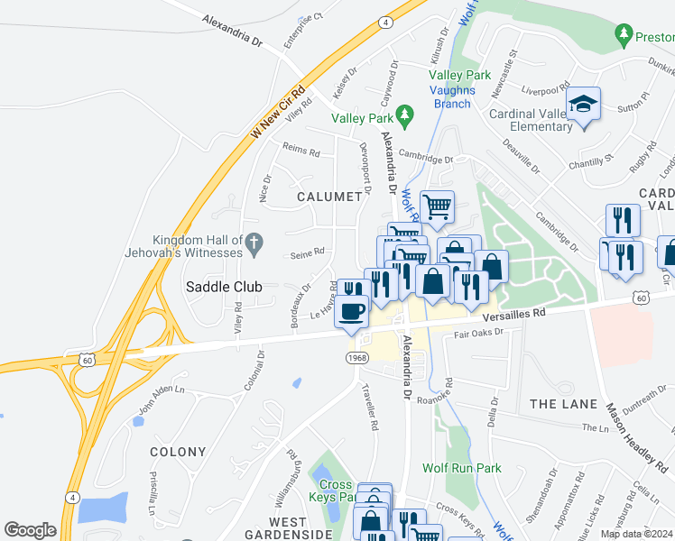 map of restaurants, bars, coffee shops, grocery stores, and more near 2348 Le Havre Road in Lexington