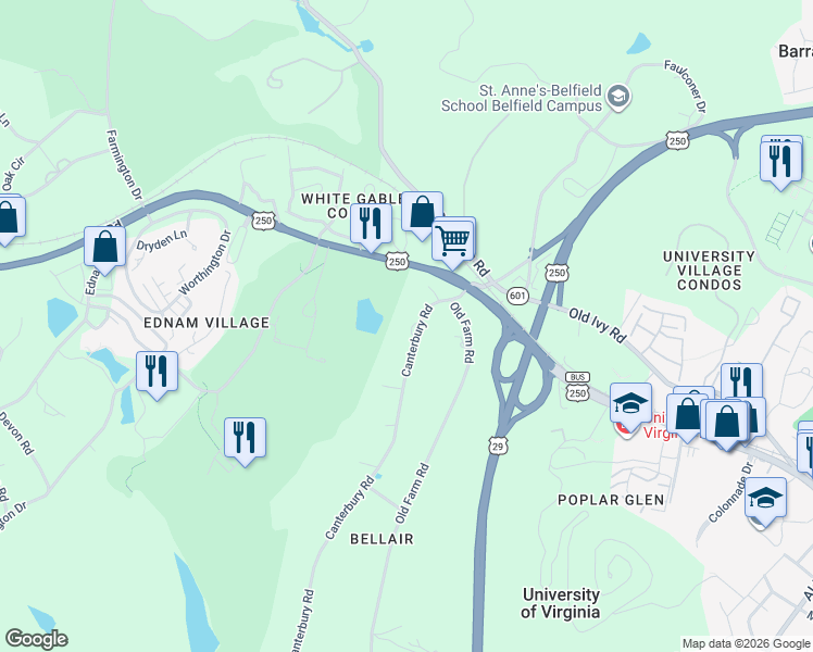 map of restaurants, bars, coffee shops, grocery stores, and more near 6 Canterbury Road in Charlottesville