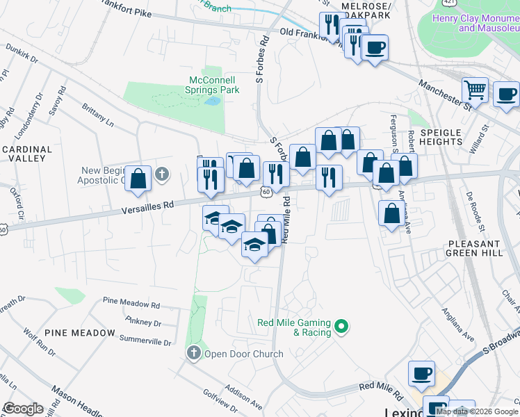 map of restaurants, bars, coffee shops, grocery stores, and more near 103 Devine Avenue in Lexington