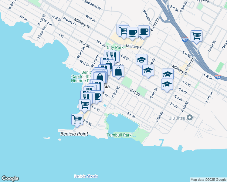 map of restaurants, bars, coffee shops, grocery stores, and more near 182 East G Street in Benicia