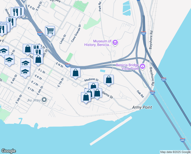 map of restaurants, bars, coffee shops, grocery stores, and more near 735 Buchanan Street in Benicia