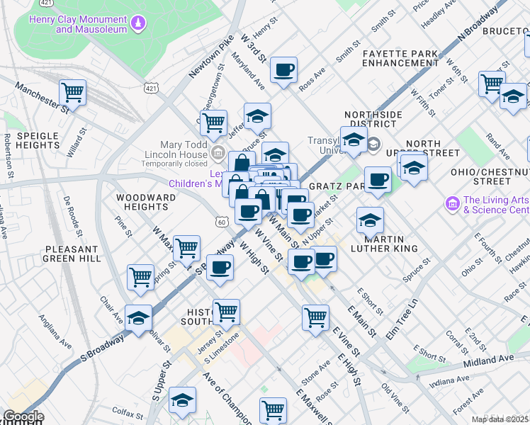 map of restaurants, bars, coffee shops, grocery stores, and more near 21 South Broadway in Lexington