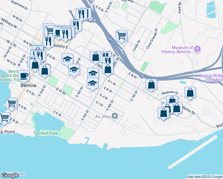 map of restaurants, bars, coffee shops, grocery stores, and more near 561 East K Street in Benicia