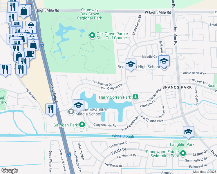 map of restaurants, bars, coffee shops, grocery stores, and more near 3618 Des Moines Drive in Stockton