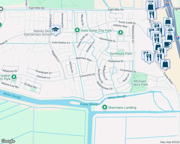 map of restaurants, bars, coffee shops, grocery stores, and more near 10217 Lanier Lane in Stockton