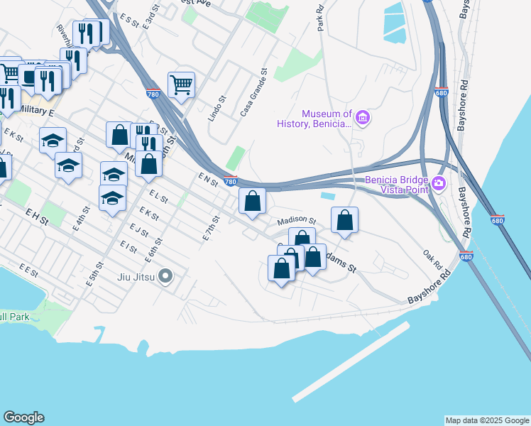 map of restaurants, bars, coffee shops, grocery stores, and more near 754 Buchanan Street in Benicia