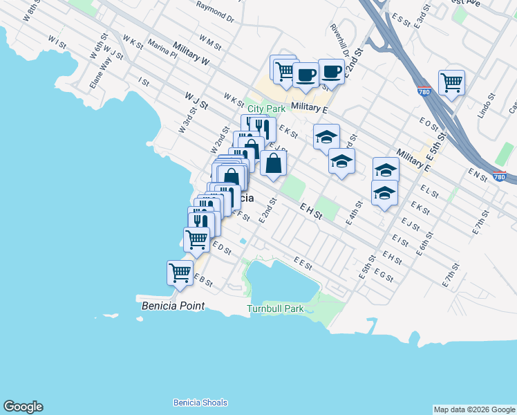 map of restaurants, bars, coffee shops, grocery stores, and more near 182 East G Street in Benicia