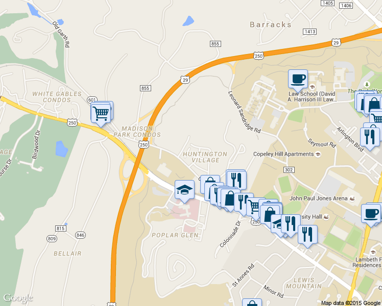 map of restaurants, bars, coffee shops, grocery stores, and more near 313 Harvest Drive in Charlottesville