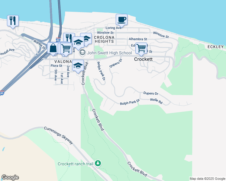 map of restaurants, bars, coffee shops, grocery stores, and more near 190 Duperu Drive in Crockett