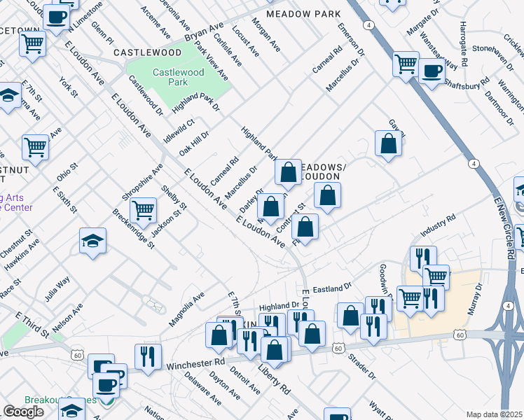 map of restaurants, bars, coffee shops, grocery stores, and more near 821 Meadow Ln in Lexington