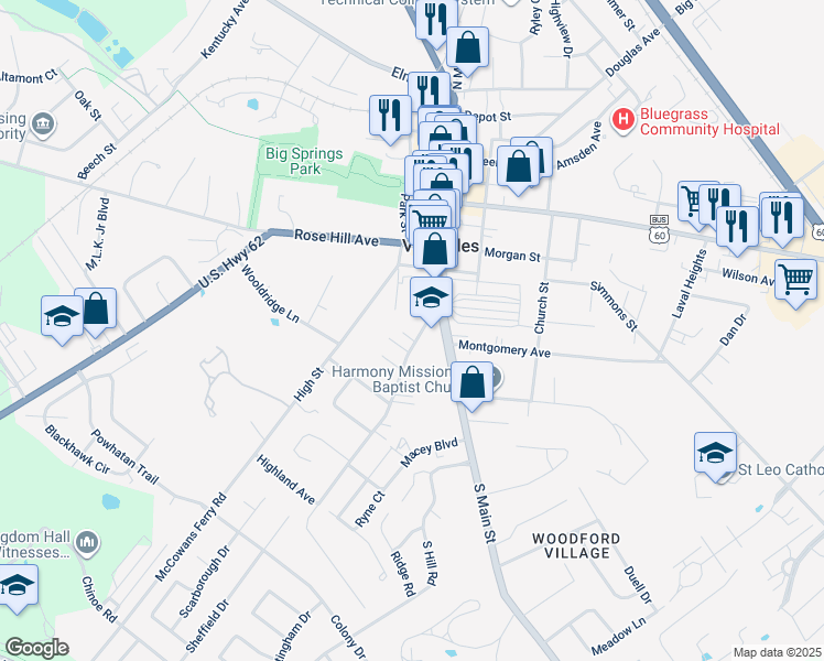map of restaurants, bars, coffee shops, grocery stores, and more near 125 Macey Avenue in Versailles