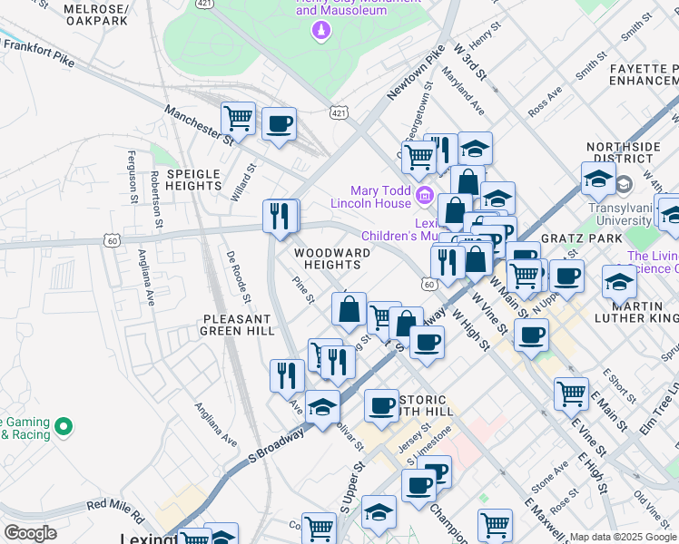 map of restaurants, bars, coffee shops, grocery stores, and more near 365 Merino Street in Lexington