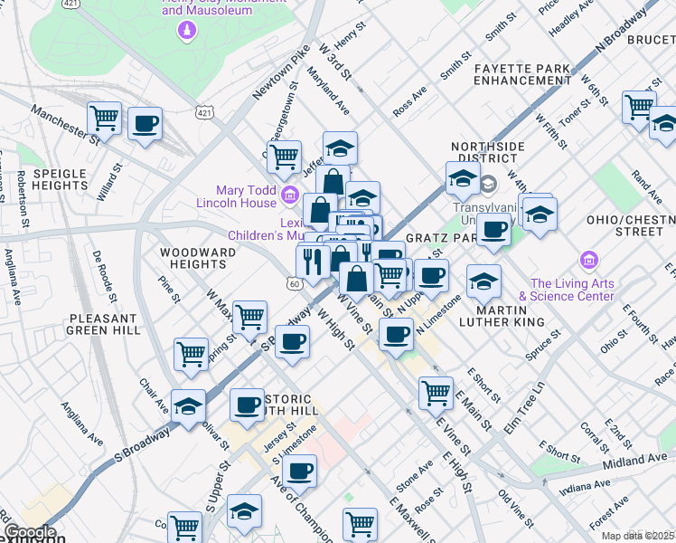 map of restaurants, bars, coffee shops, grocery stores, and more near 400 West Main Street in Lexington