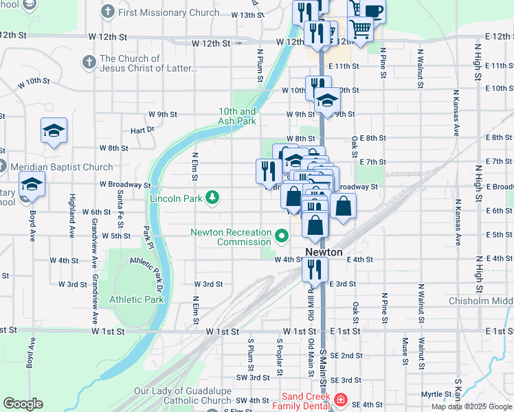 map of restaurants, bars, coffee shops, grocery stores, and more near 302 West 6th Street in Newton