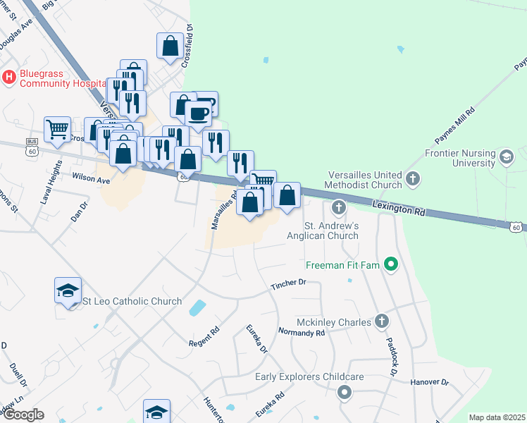 map of restaurants, bars, coffee shops, grocery stores, and more near 212 Kroger Way in Versailles