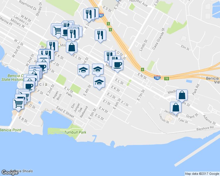 map of restaurants, bars, coffee shops, grocery stores, and more near 1028 East 5th Street in Benicia