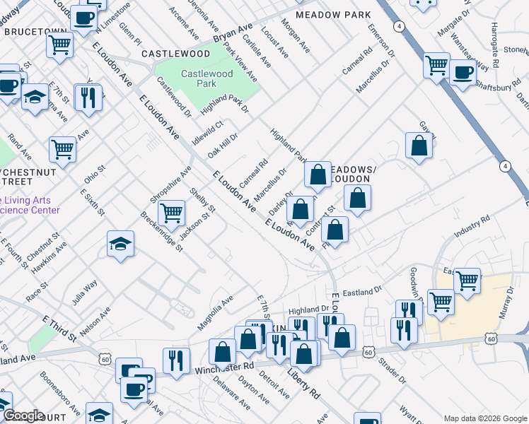 map of restaurants, bars, coffee shops, grocery stores, and more near 675 East Loudon Avenue in Lexington