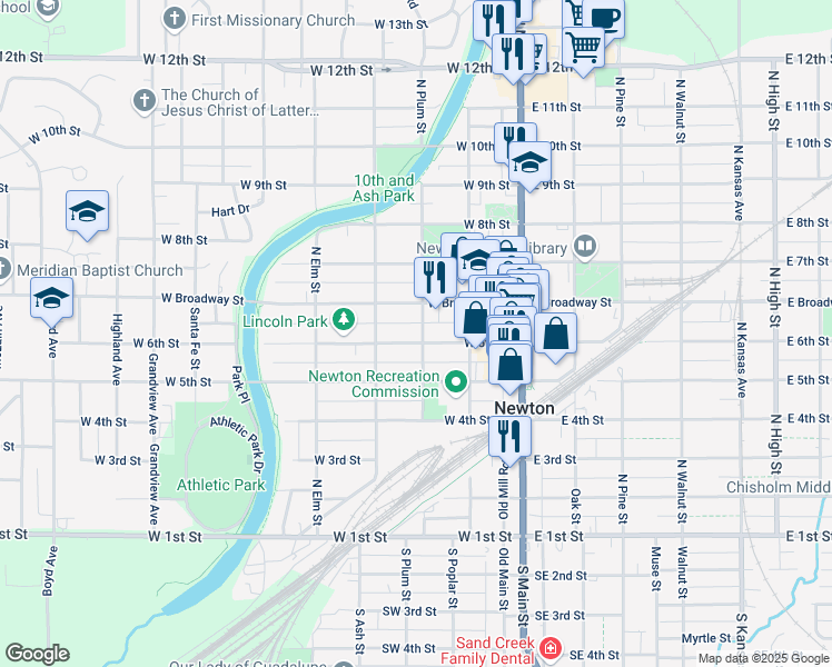 map of restaurants, bars, coffee shops, grocery stores, and more near 302 West 6th Street in Newton