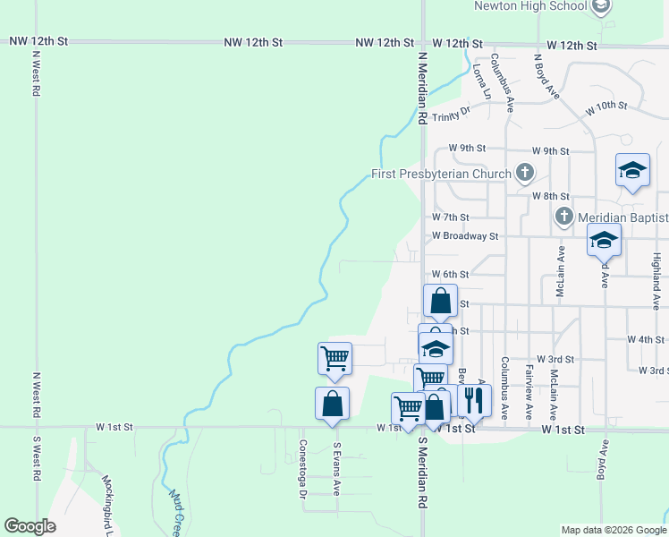 map of restaurants, bars, coffee shops, grocery stores, and more near 613 N Meridian Rd in Newton