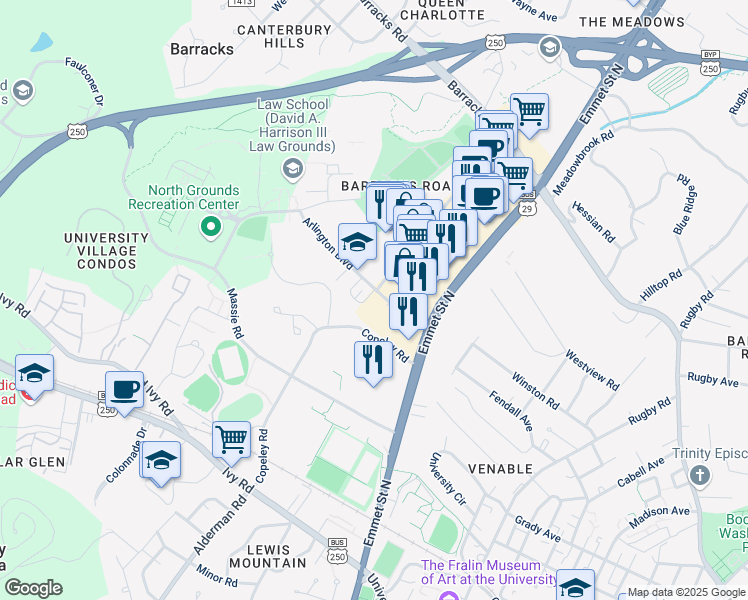 map of restaurants, bars, coffee shops, grocery stores, and more near 1982 Arlington Boulevard in Charlottesville