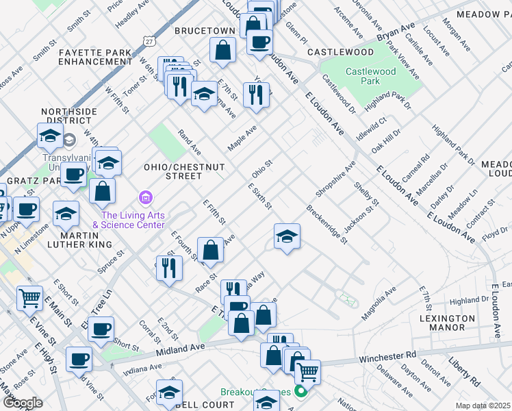 map of restaurants, bars, coffee shops, grocery stores, and more near 560 Chestnut Street in Lexington