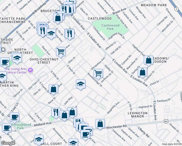 map of restaurants, bars, coffee shops, grocery stores, and more near 461 Breckenridge Street in Lexington