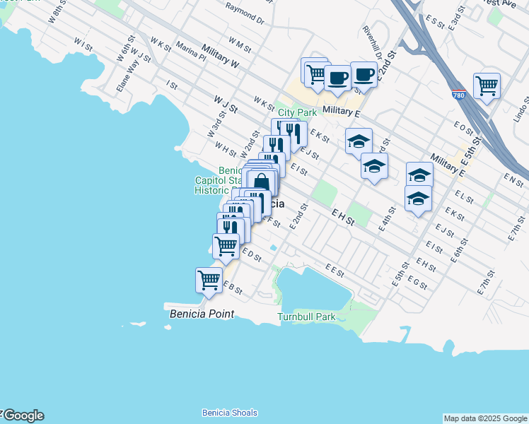 map of restaurants, bars, coffee shops, grocery stores, and more near 109 East F Street in Benicia