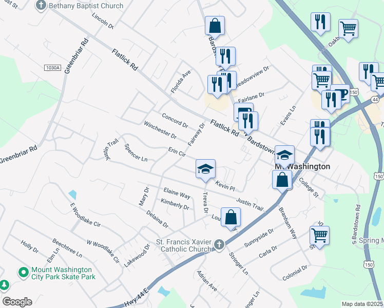 map of restaurants, bars, coffee shops, grocery stores, and more near 294 Erin Circle in Mount Washington