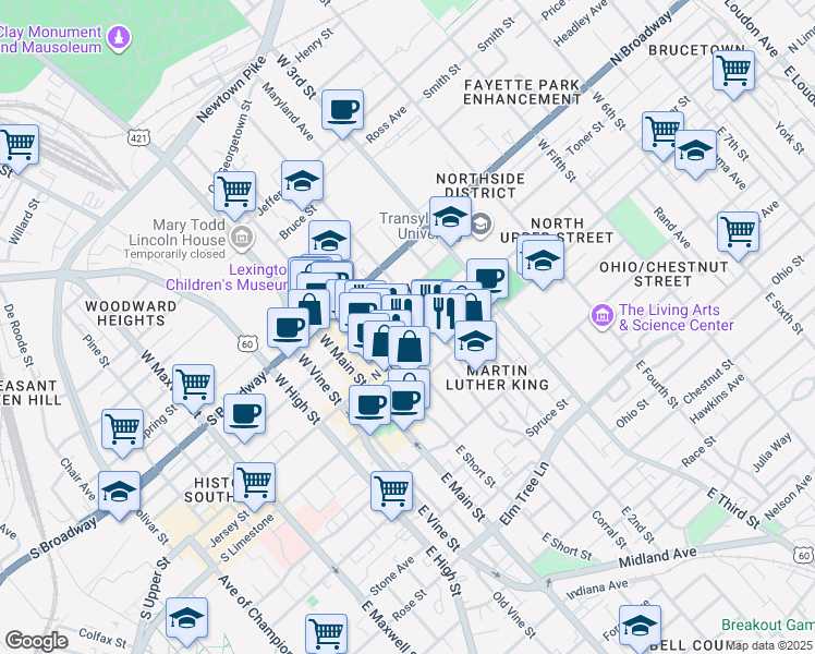 map of restaurants, bars, coffee shops, grocery stores, and more near 170 Market Street in Lexington
