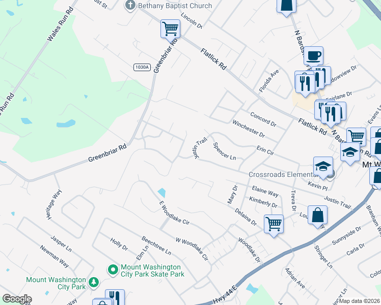 map of restaurants, bars, coffee shops, grocery stores, and more near 875 Justin Trail in Mount Washington