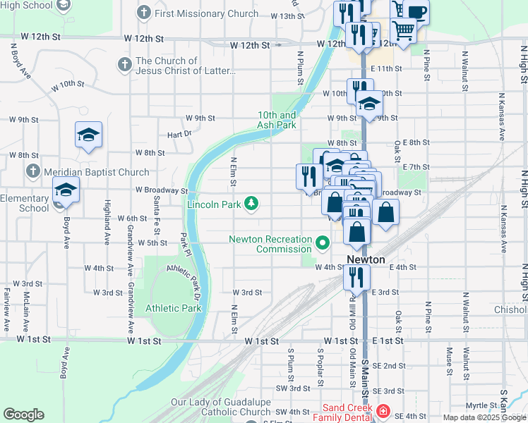 map of restaurants, bars, coffee shops, grocery stores, and more near 406 West 6th Street in Newton