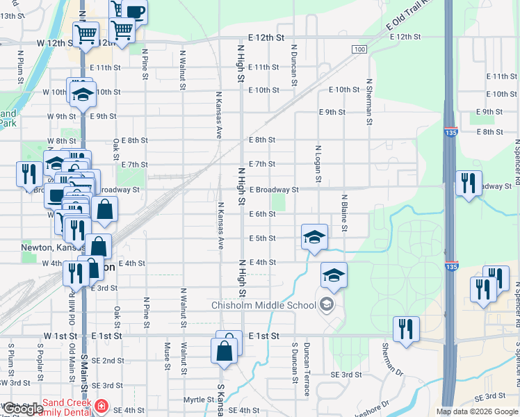 map of restaurants, bars, coffee shops, grocery stores, and more near 618 East 6th Street in Newton