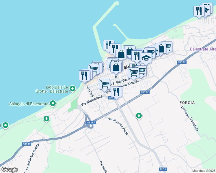 map of restaurants, bars, coffee shops, grocery stores, and more near 53 Via Luigi Capuana in Balestrate-foce
