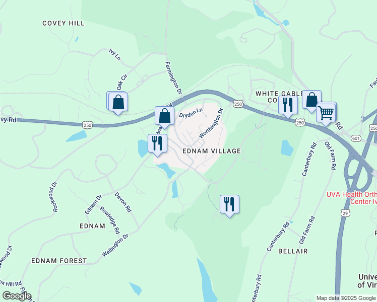 map of restaurants, bars, coffee shops, grocery stores, and more near 1147 Marion Drive in Charlottesville
