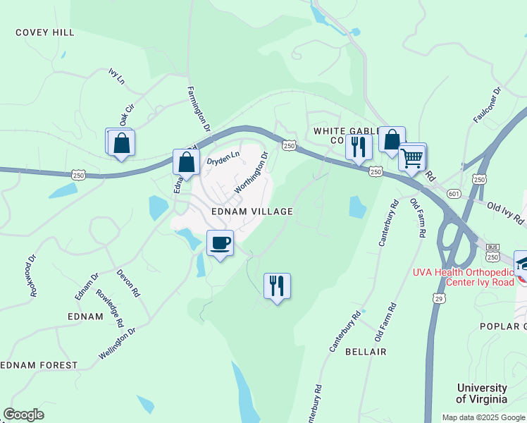 map of restaurants, bars, coffee shops, grocery stores, and more near 19 Ednam Village Street in Charlottesville