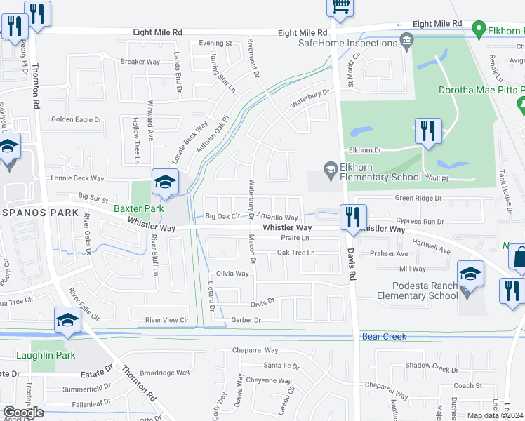 map of restaurants, bars, coffee shops, grocery stores, and more near 1931 Amarillo Way in Stockton