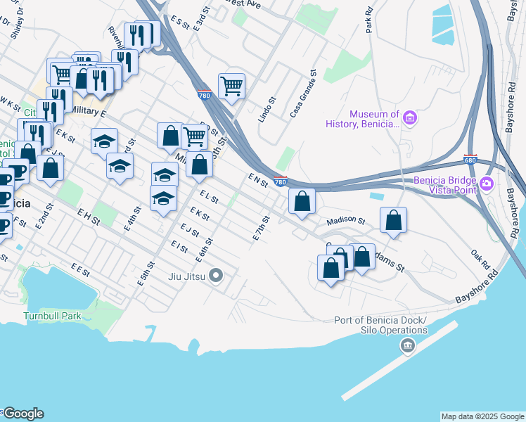 map of restaurants, bars, coffee shops, grocery stores, and more near 690 Military East in Benicia