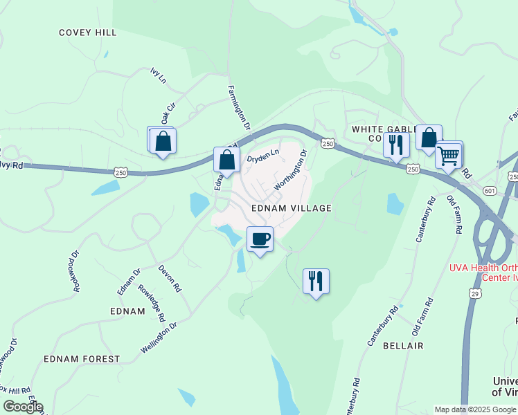 map of restaurants, bars, coffee shops, grocery stores, and more near 1147 Marion Drive in Charlottesville