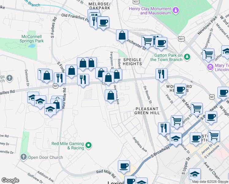 map of restaurants, bars, coffee shops, grocery stores, and more near 854 Angliana Avenue in Lexington
