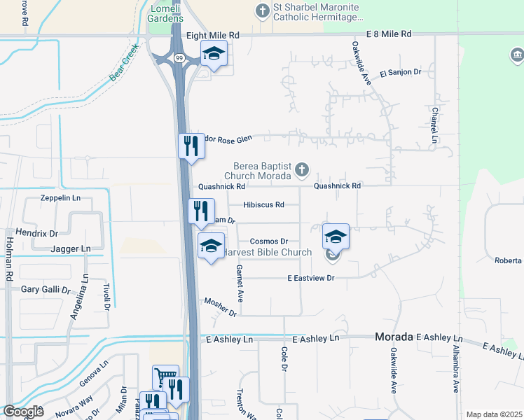 map of restaurants, bars, coffee shops, grocery stores, and more near 4732 Hibiscus Road in Stockton