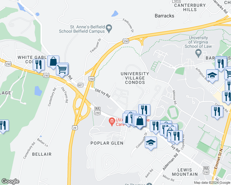 map of restaurants, bars, coffee shops, grocery stores, and more near 307 Harvest Drive in Charlottesville